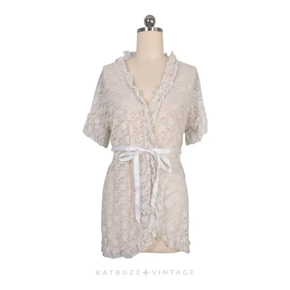 Lace Ruffle Robe Top M Cream Ivory Wrap Boho Fairy Hippie Y2K Floral Short
